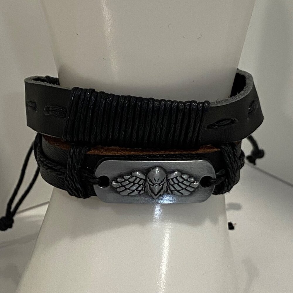 Handcrafted Leather 2 Bracelets set  With Eagle open wings Emblem & Adjustable